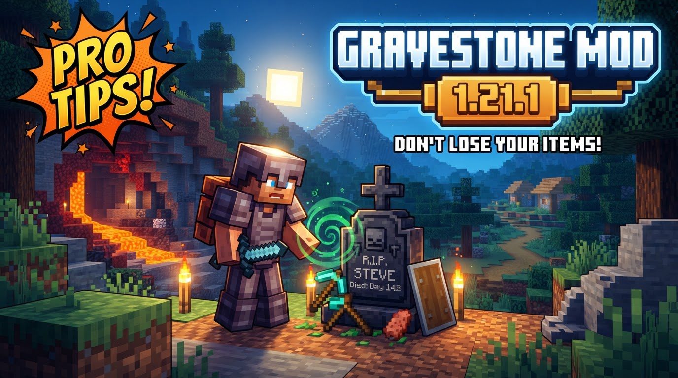 A player stands next to a stone gravestone block in a grassy Minecraft field, with a slight glow indicating items inside.