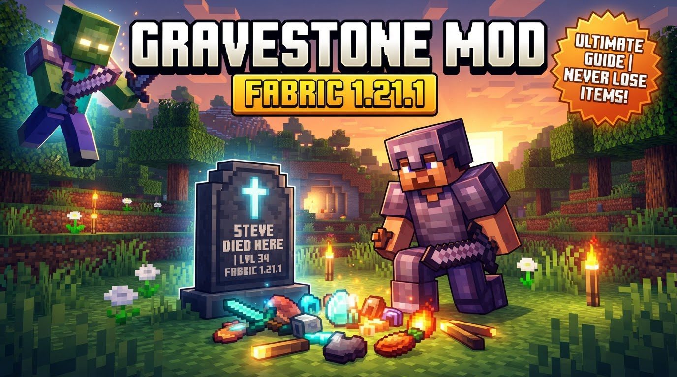 A player stands next to a stone gravestone block in a lush Minecraft forest, with various items floating around it.