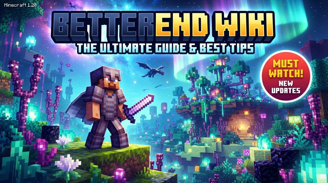 A player stands on a vibrant, alien island in the BetterEnd dimension, surrounded by glowing flora, unique rock formations, and distant floating landmasses under a star-filled purple sky.