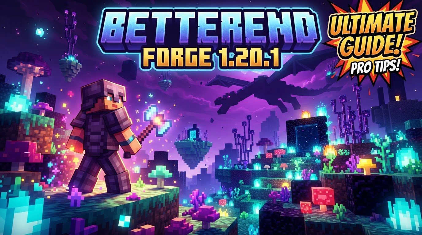 A player stands on a vibrant, alien island in the End dimension, surrounded by glowing purple flora, massive trees, and nebulae in the sky.