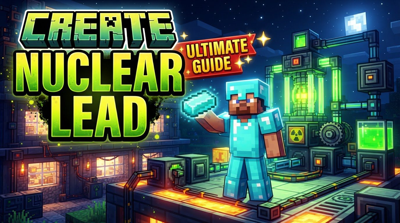 A complex, multiblock nuclear reactor glowing faintly, surrounded by intricate Create machinery for ore processing and coolant circulation, with a player in a Hazmat Suit observing from a safe distance.