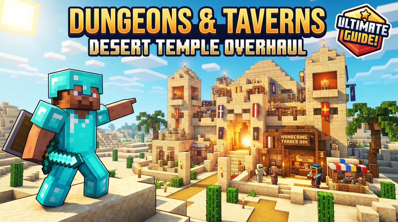 A grand, multi-tiered desert temple structure made of sandstone, with visible entrances, suspicious sand piles, and a few hostile mobs patrolling the exterior.