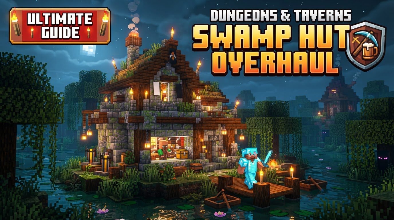 A detailed wooden swamp hut with a brewing stand visible inside, surrounded by murky swamp water and lily pads.