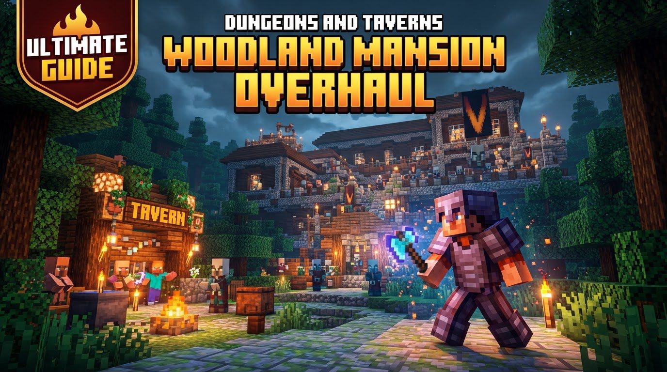 A sprawling, dark oak Woodland Mansion with multiple wings and towers, under a stormy sky.